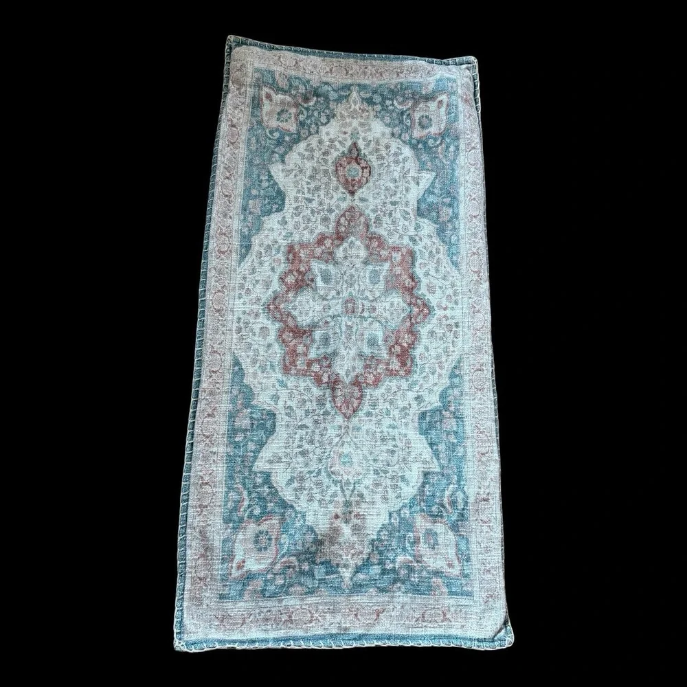 Vintage Turkish Kilim Style Medallion Lumbar Pillow Cover Blue Rose Boho
